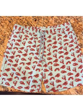 Retrofit Lobster Print Swim Trunks Large Light Blue Red